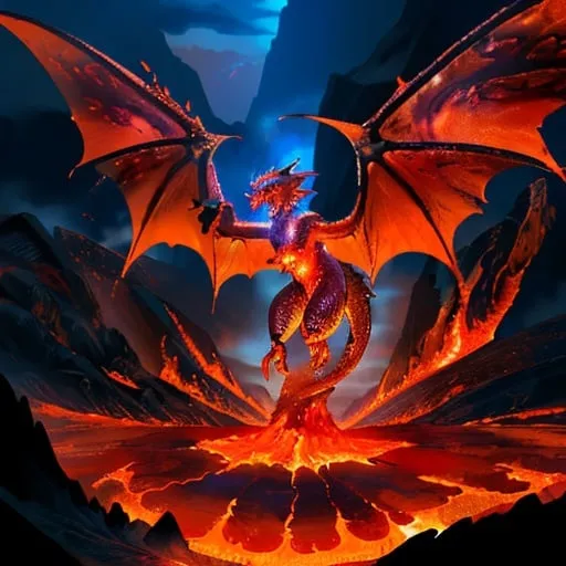 Prompt: Volcanic dragon, fiery scales, massive wingspan, intense heat radiating, epic fantasy illustration, vibrant colors, high quality, fantasy art, volcanic eruption, lava flow, detailed scales, towering silhouette, epic, mythical creature, intense lighting, legs merging with the ground in a pool of lava