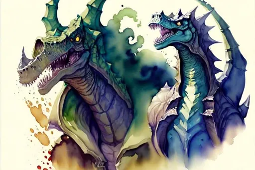 Prompt: Please create a monster manual page baking, I want ominous watercolour Dinosaur beasts with smokey watercolour effects surrounding the creature