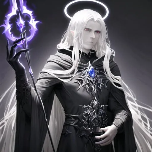 Prompt: Design a sprite for a fallen Aasimar named. This Aasimar possesses a dark and ominous nature, with a brooding and edgy aura. The color palette should lean towards deep purples, blacks, and grays, reflecting the character's fallen status and embracing the shadows.

The character should have a tall and imposing figure, with Gandalf-like aesthetics in terms of clothing and accessories. Imagine a cloak that billows dramatically and an overall silhouette that exudes a sense of mystery and wisdom. The fallen Aasimar should carry a smoking pipe as an essential accessory, adding a touch of sophistication to its dark demeanor.

Atop the character's head, there should be a dark and ominous halo, contrasting the traditional bright and radiant halos associated with celestial beings. This halo should emanate a faint, eerie glow, symbolizing the character's fallen nature. Consider incorporating subtle details like wisps of shadow or ethereal tendrils surrounding the halo for added visual impact.

The character's facial expression should convey a sense of wisdom and contemplation, with piercing eyes that have seen the depths of both light and darkness. The overall design should strike a balance between the dark, ominous presence and the inherent wisdom associated with the fallen Aasimar.