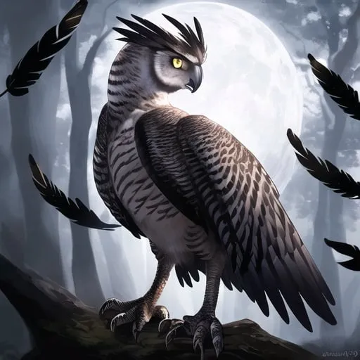 Prompt: Create an imaginative and captivating image of an owl/velociraptor hybrid creature. Blend the distinctive features of both animals seamlessly, combining the sleek body and sharp talons of a velociraptor with the large eyes and feathered wings of an owl. The creature should exude a sense of grace and power, with its feathers ruffled and its talons poised for action. Set the scene against a moonlit forest backdrop, with shadows cast by the trees adding an air of mystery and intrigue. Use dynamic lighting and rich textures to bring the hybrid creature to life, capturing the viewer's imagination and leaving them in awe of its majestic presence.
