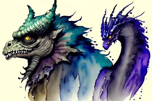 Prompt: Please create a monster manual page, I want ominous watercolour 
fantasy creatures with smokey watercolour effects surrounding the creature. Coffee torn background. 