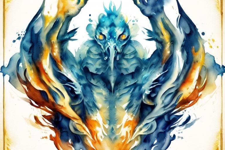 Prompt: Please create a monster manual page baking, I want a faint watercolour avian beast with smokey watercolour effects