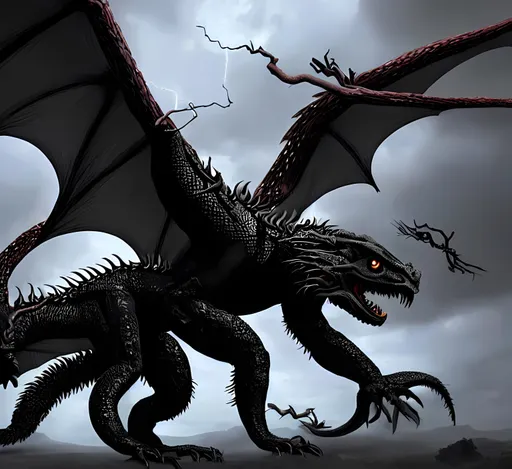 Prompt: A gigantic monstrous creature, Black bear arms, Raptor Legs, Tree-Vine Limbs, The dragon of a large millipede, a bulging heart in the centre of the body, covered in dragon scales, surrounded by lightning, feathered wings with a 50 feet wingspan, with razor-sharp talons, a large abdomen for spawning feral creatures, with a mouth containing many rows of serrated teeth, multiple sets of eyes. The monster 
is 100 Feet long. Bright red eyes