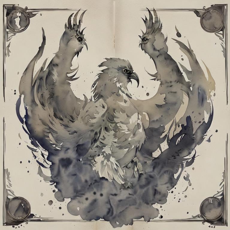 Prompt: Please create a monster manual page baking, I want a faint watercolour avian beast with smokey watercolour effects