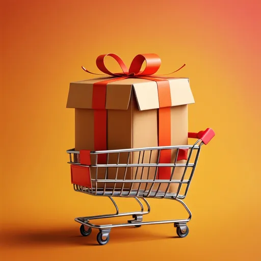 Prompt: (accurately spelled text "online shopping"), a square cardboard box ready for dispatch, (simple design), a shopping cart turned to the left, warm colors, vibrant, engaging atmosphere, neatly designed setup, clean lines, HD quality, emphasizing the concept of online purchasing and delivery.