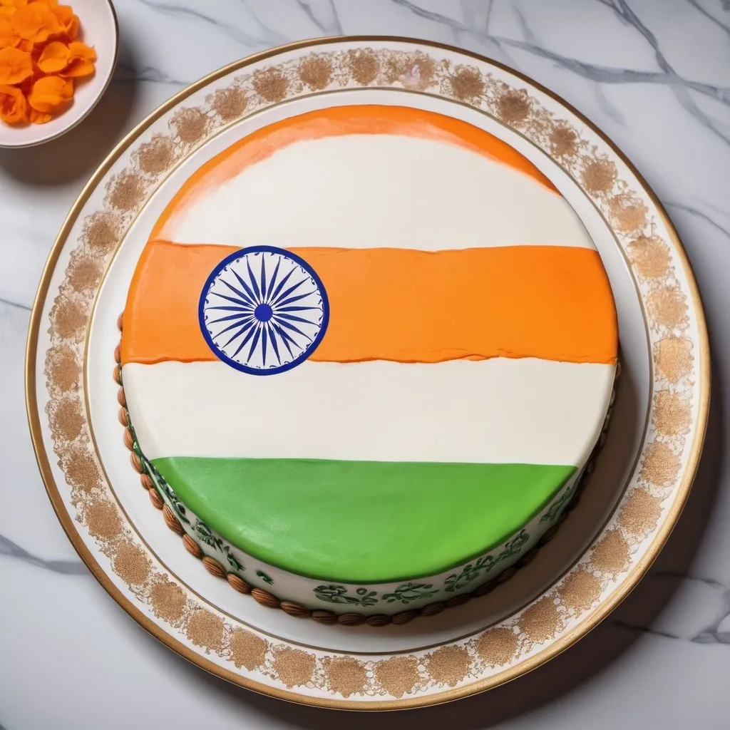 Prompt: India flag (intricately decorated cake), marble table background, (elegant plate), soft pastel colors, (beautiful composition), emphasis on regionalism, ultra-detailed, high quality, inviting and cheerful ambiance, subtle lighting highlighting the texture of the cake and table, artistic capturing of cultural elements through food presentation, harmonious blend of decoration and setting.