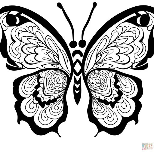 Prompt: A black and white butterfly outline for a coloring book with a Mandala design in the background
