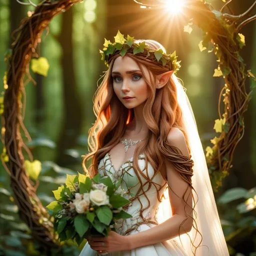 Prompt: Elf getting married, a crown made from vines, with long light brown hair, a beautiful wedding dress, in a mystical forest around sunlight