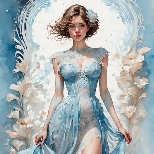 Prompt: digital watercolor painting, a woman wearing an intricate white lace dress, light blue paint splatter, bold brush strokes, art nouveau