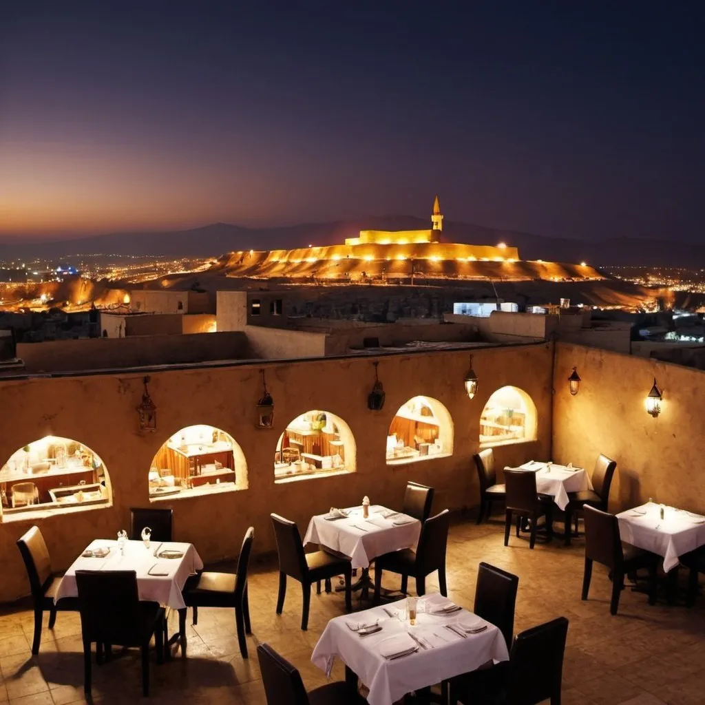 Prompt: The name of the Café restaurant - Ararat Panorama - is shown in the picture. Located on a roof with the old city Bethlehem night Scenery. Settings Arabic Bedouin style.