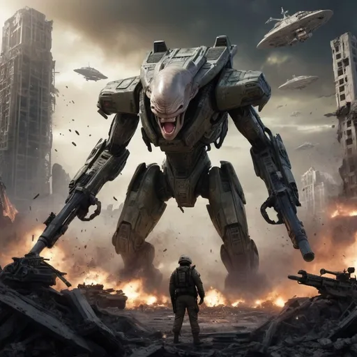 Prompt:  In a sprawling, dystopian landscape ravaged by the arrival of extraterrestrial forces, depict the climactic showdown between Donald Trump, armed to the teeth with an arsenal of guns and blasters, and the combined might of Earth's remaining armies, gathered behind him in a desperate bid for survival. Set the scene amidst the ruins of civilization, with skyscrapers crumbling and skies ablaze with otherworldly spacecraft descending upon the Earth. Trump, defiant and determined, stands at the forefront, his figure silhouetted against the chaos, wielding a formidable array of weapons as he rallies humanity's last stand against the alien threat.

Detail every aspect of the scene with meticulous precision: from the intricate designs of the futuristic weaponry to the battle-scarred terrain littered with debris and wreckage. Show the diverse array of soldiers and war machines standing shoulder-to-shoulder with Trump, their faces etched with grim determination as they prepare to face an enemy unlike any they've encountered before.

Amidst the carnage and destruction, capture the frenetic energy of the battle as lasers and explosions light up the sky, punctuated by the deafening roar of gunfire and the thunderous rumble of alien war machines. Let the sheer scale and intensity of the conflict leap off the canvas, immersing viewers in a visceral and gripping vision of humanity's last stand against the forces of annihilation.

Through this highly detailed and immersive artwork, explore themes of resilience, heroism, and the indomitable spirit of humanity in the face of overwhelming odds, while also inviting viewers to ponder the nature of conflict, unity, and sacrifice in the face of existential threats.