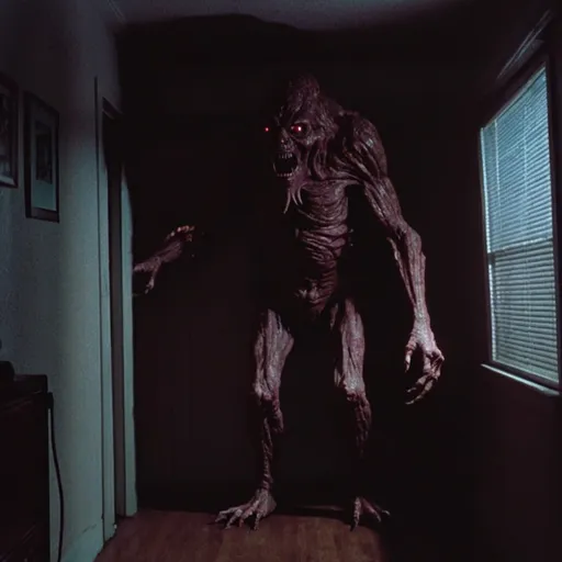 Prompt: the feeling of being trapped alone with a monster in a dark room on 80s vhs