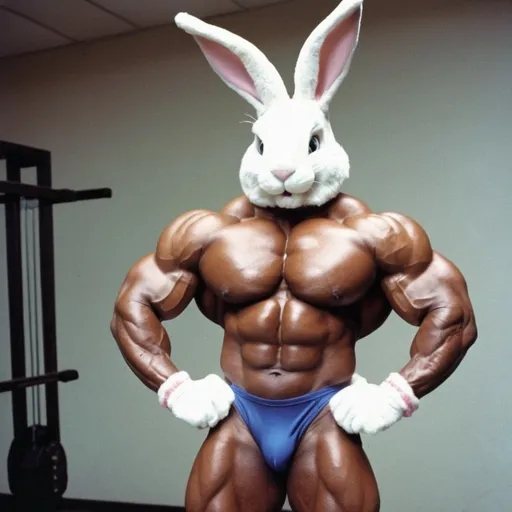 Prompt:  The Easter Bunny is training for the Mr. Olympia body building competition. He is training so hard. He wants it so bad. He is going to do what ever it takes. He is posing. This is taken place during the 1990s