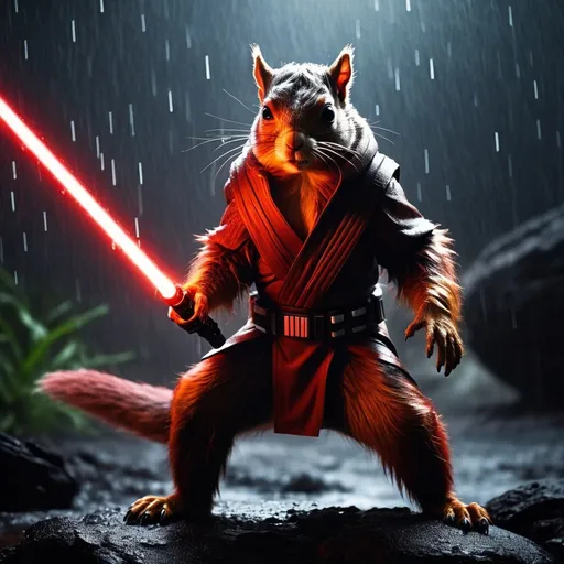 Prompt: Giant squirrel wielding a large red lightsaber, blocking a strike in Star Wars style, intense moment in thundering rain on a lava planet, white sparks, bright light, high contrast, action-packed, cinematic, sci-fi, intense battle, epic scale, dynamic pose, detailed fur, vibrant red lightsaber, glowing effects, dramatic atmosphere, high-res, high detailed, Star Wars style, intense moment, thundering rain, lava planet, bright sparks, gritty texture, dynamic lighting