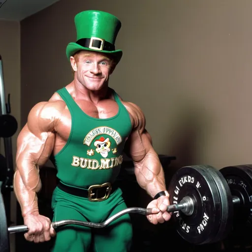Prompt: a leprechaun is training for the Mr. Olympia body building competition. He is training so hard. He wants it so bad. He is going to do what ever it takes. He is posing. This is taken place during the 1990s