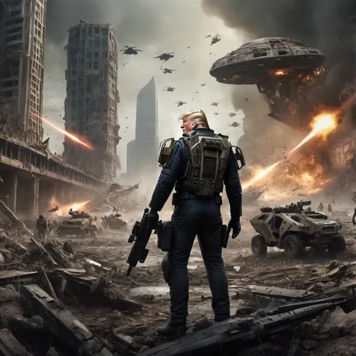 Prompt:  In a sprawling, dystopian landscape ravaged by the arrival of extraterrestrial forces, depict the climactic showdown between Donald Trump, armed to the teeth with an arsenal of guns and blasters, and the combined might of Earth's remaining armies, gathered behind him in a desperate bid for survival. Set the scene amidst the ruins of civilization, with skyscrapers crumbling and skies ablaze with otherworldly spacecraft descending upon the Earth. Trump, defiant and determined, stands at the forefront, his figure silhouetted against the chaos, wielding a formidable array of weapons as he rallies humanity's last stand against the alien threat.

Detail every aspect of the scene with meticulous precision: from the intricate designs of the futuristic weaponry to the battle-scarred terrain littered with debris and wreckage. Show the diverse array of soldiers and war machines standing shoulder-to-shoulder with Trump, their faces etched with grim determination as they prepare to face an enemy unlike any they've encountered before.

Amidst the carnage and destruction, capture the frenetic energy of the battle as lasers and explosions light up the sky, punctuated by the deafening roar of gunfire and the thunderous rumble of alien war machines. Let the sheer scale and intensity of the conflict leap off the canvas, immersing viewers in a visceral and gripping vision of humanity's last stand against the forces of annihilation.

Through this highly detailed and immersive artwork, explore themes of resilience, heroism, and the indomitable spirit of humanity in the face of overwhelming odds, while also inviting viewers to ponder the nature of conflict, unity, and sacrifice in the face of existential threats.