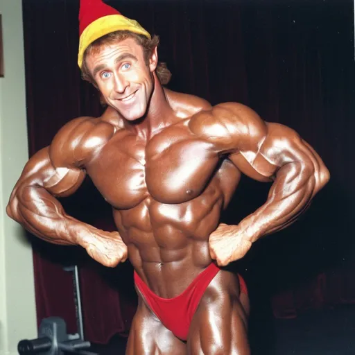 Prompt: Buddy the Elf is training for the Mr. Olympia body building competition. He is training so hard. He wants it so bad. He is going to do what ever it takes. He is posing. This is taken place during the 1990s