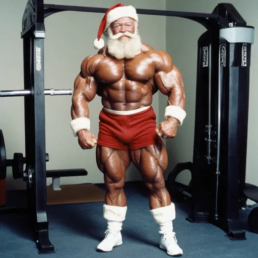 Prompt: Santa Claus is training for the Mr. Olympia body building competition. He is training so hard. He wants it so bad. He is going to do what ever it takes. He is posing. This is taken place during the 1990s