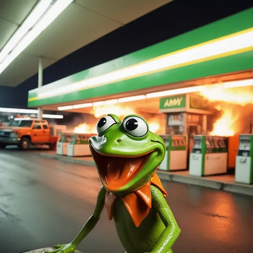 Prompt: Kermit the frog pointing at a large fire in a gas station, army of small random bodies running at high speed, low quality CCTV camera angle, chaotic scene, high-energy motion, blurry visuals, intense green and orange colors, surreal, low-fi, chaotic composition, frenetic movement, exaggerated gestures, gritty atmosphere, high-speed chaos, low-res, distorted perspective