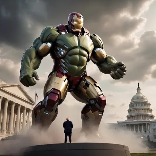 Prompt: Depict a monumental clash between Joe Biden, adorned in the iconic Iron Man suit, and Donald Trump, transformed into a formidable Hulk-like figure, in a showdown for the presidency. Set the scene against a backdrop of a divided nation, with the Capitol Building looming in the background, symbolic of the stakes at hand. Biden, embodying the spirit of innovation and democracy, stands tall in his Iron Man armor, ready to defend the values he represents. Meanwhile, Trump, fueled by rage and raw power, towers over the landscape, his hulking form a testament to the forces of populism and polarization. Amidst the chaos of their epic confrontation, capture the intensity of their struggle, with beams of energy and bursts of force rippling through the air. As the fate of the nation hangs in the balance, let the juxtaposition of these larger-than-life figures underscore the gravity of the political moment, inviting viewers to reflect on the challenges and choices facing the country.