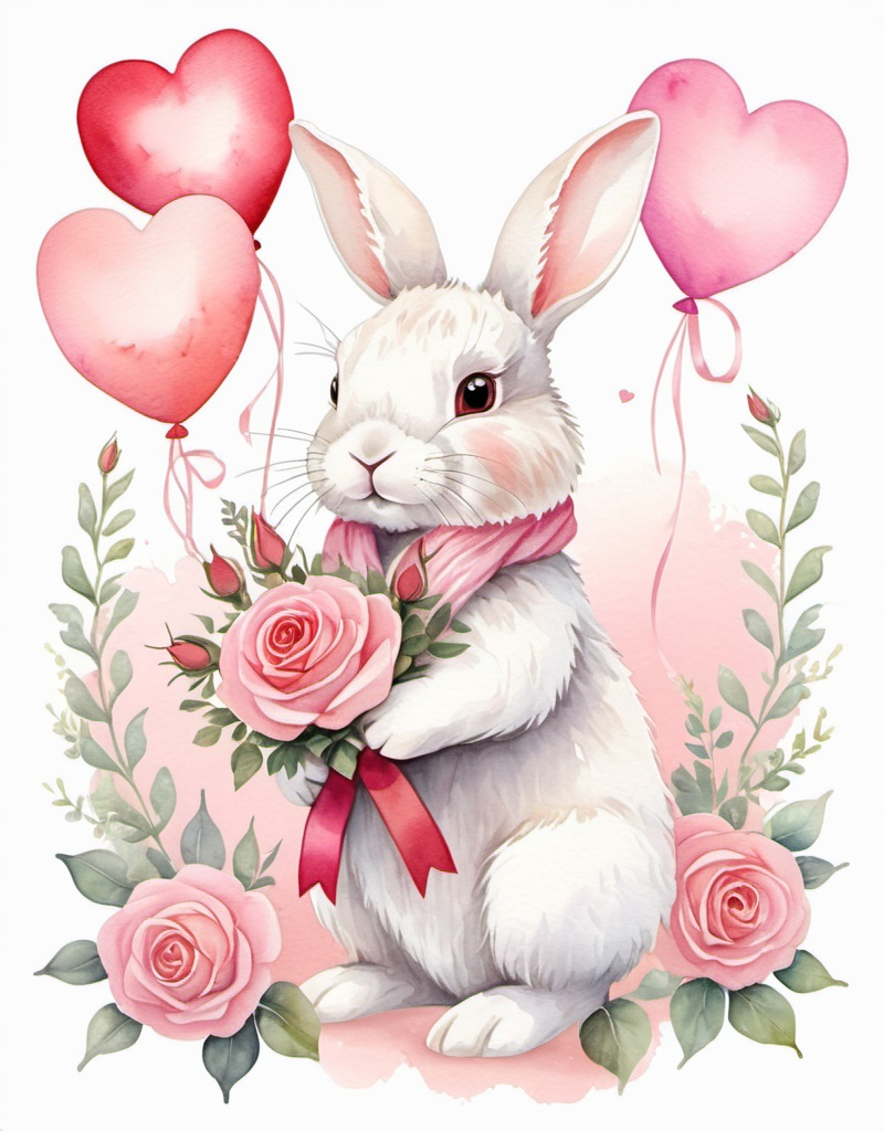 Prompt: Paint a watercolor-style illustration of a fluffy white bunny with soft, delicate fur. The bunny is standing upright, wearing a pastel pink scarf, and holding a bouquet of red and pink roses tied with a satin ribbon. Surround it with light, airy floral vines and heart-shaped balloons in pastel shades. Use a soft pink and cream-toned gradient background with splashes of gold to evoke a romantic and dreamy feel.