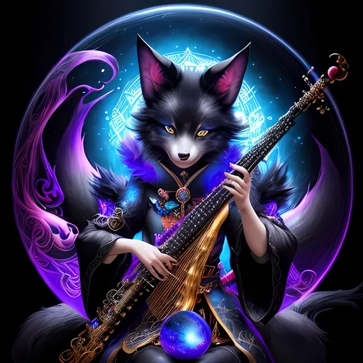 Prompt: Charismatic kitsune bard in a magical realm, vibrant colors, black fur with mystical glow, enchanting gaze, mystical flute, ethereal floating orbs, high quality, fantasy, detailed eyes, mystical, vibrant colors, professional, enchanting lighting, piercing blue eyes