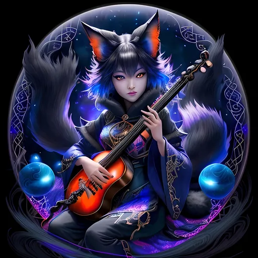 Prompt: Charismatic kitsune bard in a magical realm, vibrant colors, black fur with mystical glow, enchanting gaze, mystical flute, ethereal floating orbs, high quality, fantasy, detailed eyes, mystical, vibrant colors, professional, enchanting lighting, piercing blue eyes