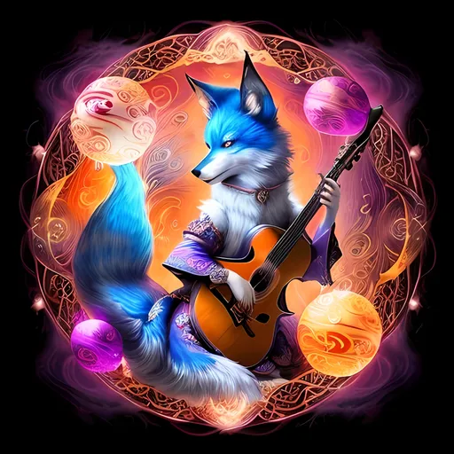 Prompt: Charismatic kitsune bard in a magical realm, vibrant colors, detailed fur with mystical glow, enchanting gaze, mystical flute, ethereal floating orbs, high quality, fantasy, detailed eyes, mystical, vibrant colors, professional, enchanting lighting