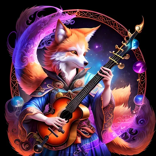 Prompt: Charismatic kitsune bard in a magical realm, vibrant colors, detailed fur with mystical glow, enchanting gaze, mystical flute, ethereal floating orbs, high quality, fantasy, detailed eyes, mystical, vibrant colors, professional, enchanting lighting