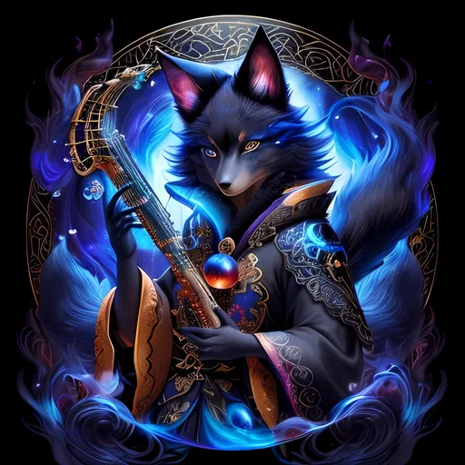 Prompt: Charismatic kitsune bard in a magical realm, vibrant colors, black fur with mystical glow, enchanting gaze, mystical flute, ethereal floating orbs, high quality, fantasy, detailed eyes, mystical, vibrant colors, professional, enchanting lighting, piercing blue eyes