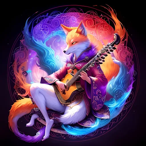 Prompt: Charismatic kitsune bard in a magical realm, vibrant colors, detailed fur with mystical glow, enchanting gaze, mystical flute, ethereal floating orbs, high quality, fantasy, detailed eyes, mystical, vibrant colors, professional, enchanting lighting