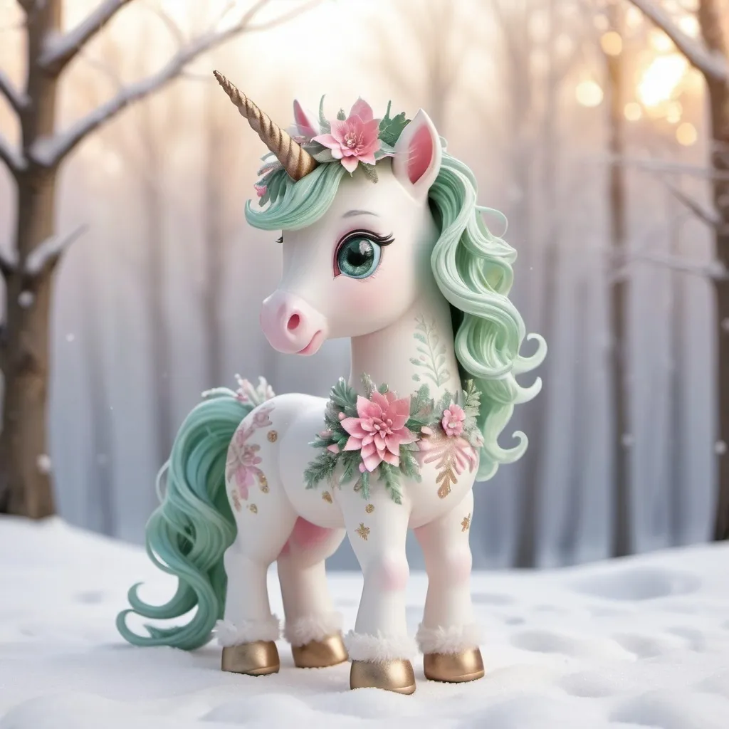 Prompt: A magical [baby unicorn standing]. The [unicorn] should have a soft, [pastel] color palette with [swirling], intricate patterns on its body, and a flowing mane and tail in shades of [green and baby pink. Adorn the unicorn's head with a frosted floral crown featuring [pinecones, berries, and snow-dusted leaves]. Serene snowflakes gently falling, scattered cute Christmas balls with different colors on the ground, all bathed in a soft, wintery light that enhances the magical, serene atmosphere, isolated in white background, Ensure that all elements are centered