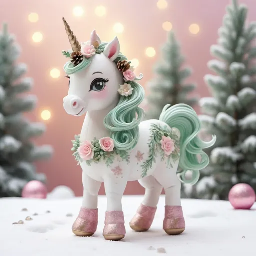 Prompt: A magical [baby unicorn standing]. The [unicorn] should have a soft, [pastel] color palette with [swirling], intricate patterns on its body, and a flowing mane and tail in shades of [green and baby pink. Adorn the unicorn's head with a frosted floral crown featuring [pinecones, berries, and snow-dusted leaves]. Serene snowflakes gently falling, scattered cute Christmas balls with different colors on the ground, all bathed in a soft, wintery light that enhances the magical, serene atmosphere, isolated in white background, Ensure that all elements are centered