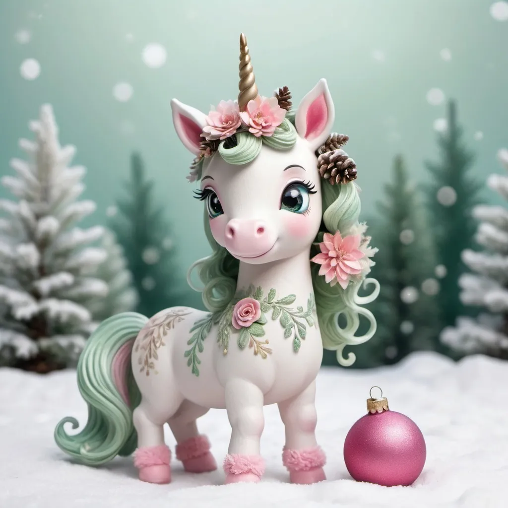 Prompt: A magical [baby unicorn standing]. The [unicorn] should have a soft, [pastel] color palette with [swirling], intricate patterns on its body, and a flowing mane and tail in shades of [green and baby pink. Adorn the unicorn's head with a frosted floral crown featuring [pinecones, berries, and snow-dusted leaves]. Serene snowflakes gently falling, scattered cute Christmas balls with different colors on the ground, all bathed in a soft, wintery light that enhances the magical, serene atmosphere, isolated in white background, Ensure that all elements are centered