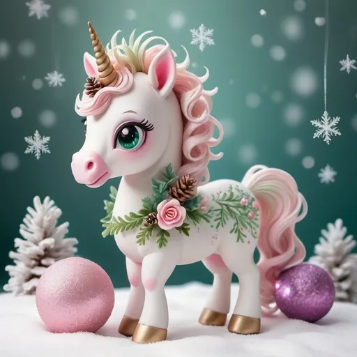 Prompt: A magical baby unicorn standing. The [unicorn] should have a soft, [pastel] color palette with [swirling], intricate patterns on its body, and a flowing mane and tail in shades of green and baby pink with cute eyes and long lashes. Adorn the unicorn's head with a frosted floral crown featuring [pinecones, berries, and snow-dusted leaves]. Serene snowflakes gently falling, scattered cute Christmas balls with different colors on the ground, all bathed in a soft, wintery light that enhances the magical, serene atmosphere, isolated in white background, Ensure that all elements are centered