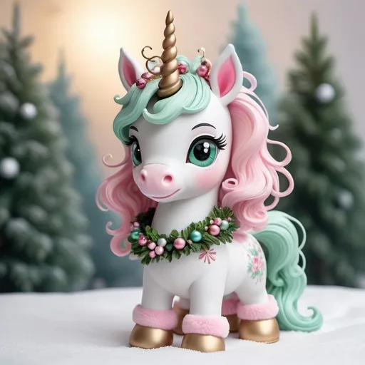 Prompt: A magical baby unicorn standing. The [unicorn] should have a soft, [pastel] color palette with [swirling], intricate patterns on its body, and a flowing mane and tail in shades of green and baby pink with cute eyes and long lashes. Adorn the unicorn's head with a frosted floral crown featuring [pinecones, berries, and snow-dusted leaves]. Serene snowflakes gently falling, scattered cute Christmas balls with different colors on the ground, all bathed in a soft, wintery light that enhances the magical, serene atmosphere, isolated in white background, Ensure that all elements are centered