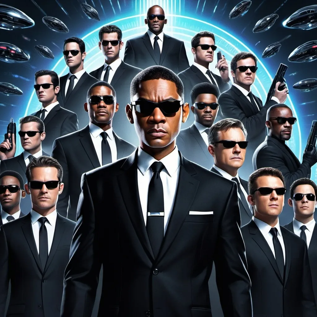 Prompt: Can you draw me a poster for a Movie Men in Black but with 17 people?