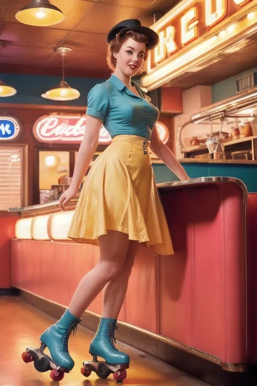 Prompt: (Best quality, 8k, 32k, Masterpiece, UHD:1.2), (Best quality, 8k, 32k, Masterpiece, UHD:1.2), close up photo shot analog style photography of a pin up waitress in roller skates in a retro diner, aesthetic, neon signs, 1960's, cinematic light, atmospheric, award winning photography, grain effect, by Gil Elvgren, PinUp,(PnMakeEnh)
, Mysterious