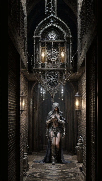 Prompt: Ultra-wide-angle, photorealistic medieval gothic steam punk shot of an exciting fusion between Spawn and ((a cloaked Woman with Pandoras box)), in a new character that embodies elements of both, chains, and silver mechanical gears in the background, people, see. Black and white, ink Flow - 8k Resolution Photorealistic Masterpiece - by Aaron Horkey and Jeremy Mann - Intricately Detailed. fluid gouache painting: by Jean Baptiste Mongue: calligraphy: acrylic: colorful watercolor, cinematic lighting, maximalist photoillustration: by marton bobzert: 8k resolution concept art, intricately detailed realism, complex, elegant, expansive, fantastical and psychedelic, dripping paint , in the chasm of the empire estate, night, the moon, buildings, reflections, wings, and other elements need to stay in frame,(isolate object),High detailed ,