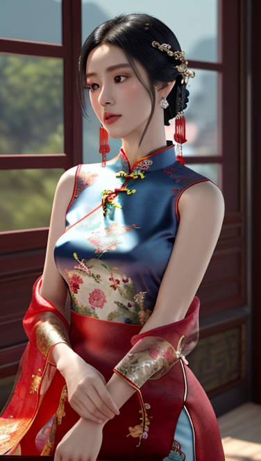 Prompt: (masterpiece, 8K, UHD, official art, digital art:1.3), (elegant Chinese woman:1.2), (almond-shaped light blue eyes:1.1), Her long jet black  hair is styled in an intricate updo, adorned with jade hairpins, ornate earrings, wearing (decorative red silk cheongsam:1.4), intricate gold embroidery, phoenix patterns, flowing sleeves,gracefully moving,vintage chinese earrings, She has beautiful hyperdetailed feminine attractive face and nose looking down at camera, standing on top, looking down perspective, bokeh background, cinematic glamour lighting, backlight, action shot, intricately hyperdetailed, perfect face, perfect body, perfect anatomy, hyperrealistic, sharp focus, epic dark fantasy, glamour, volumetric studio lighting, triadic colors, occlusion, ultra-realistic, 3d lighting, beauty, sensual feminine romance, professional, sensual feminine, perfect composition, unreal engine 8k octane, 3d lighting, UHD, HDR, 8K, render, HD, trending on artstation, front view, 
