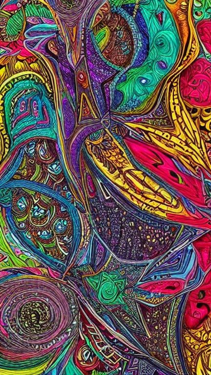 Prompt: Official Art, Unity 8K Wallpaper, Super Detailed, Beautiful and Aesthetic, Masterpiece, Top Quality, (Zentangle, Mandala, Tangle, Tangle), (Fractal Art: 1.3), One Girl, Highly Detailed, Dynamic Angle, Cowboy Shot, the most beautiful form chaos, elegant, brutalist design, bright colors, red, cyan, yellow, green, romanticism