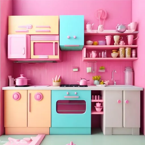 Prompt: Cartoon pink kitchen, vibrant pastel colors, cute and lively atmosphere, detailed kitchen appliances, high quality, cartoon style, pastel colors, vibrant, cute details, lively, kitchen appliances