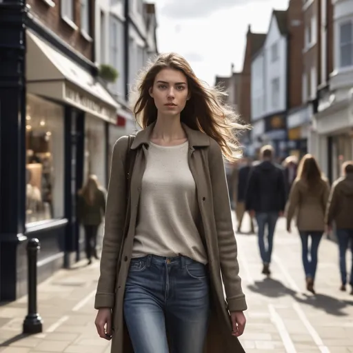 Prompt: Tall young woman walking down the high street, detailed clothing, realistic, natural lighting