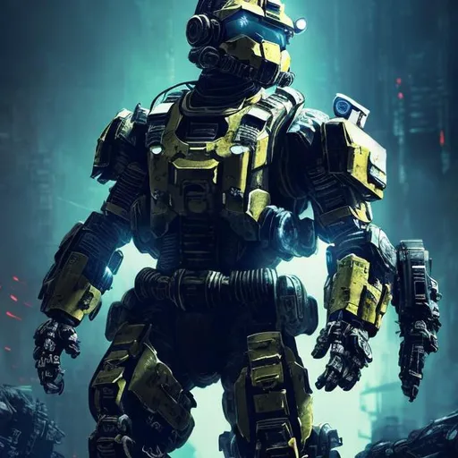 Prompt: Dark, atmospheric illustration of a Titanfall pilot, futuristic sci-fi style, intense and dramatic lighting, highres, detailed armor, industrial setting, ominous blue and black tones, cybernetic enhancements, gritty and rugged, powerful stance, mysterious visor, dynamic pose, professional digital art, sci-fi, futuristic, intense lighting, detailed armor, ominous tones, cybernetic enhancements, gritty, dynamic pose, industrial setting