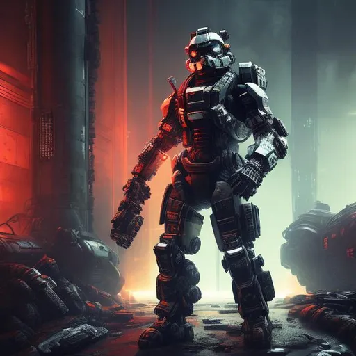 Prompt: Dark, atmospheric illustration of a Titanfall pilot, futuristic sci-fi style, intense and dramatic lighting, highres, detailed armor, industrial setting, ominous red and black tones, cybernetic enhancements, gritty and rugged, powerful stance, mysterious visor, dynamic pose, professional digital art, sci-fi, futuristic, intense lighting, detailed armor, ominous tones, cybernetic enhancements, gritty, dynamic pose, industrial setting