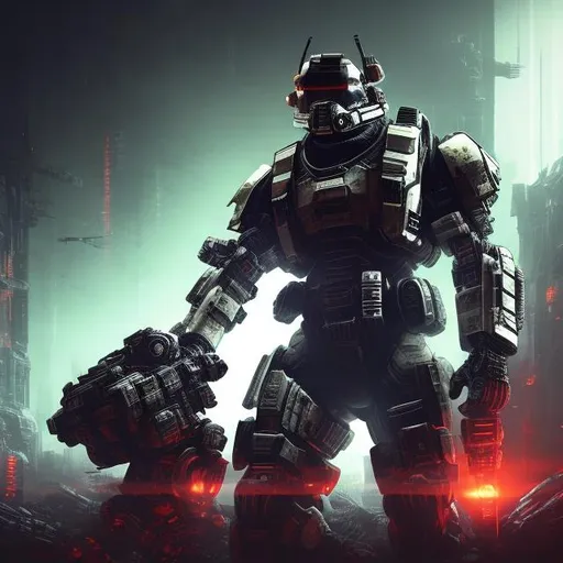 Prompt: Dark, atmospheric illustration of a Titanfall pilot, futuristic sci-fi style, intense and dramatic lighting, highres, detailed armor, industrial setting, ominous red and black tones, cybernetic enhancements, gritty and rugged, powerful stance, mysterious visor, dynamic pose, professional digital art, sci-fi, futuristic, intense lighting, detailed armor, ominous tones, cybernetic enhancements, gritty, dynamic pose, industrial setting