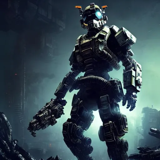 Prompt: Dark, atmospheric illustration of a Titanfall pilot, futuristic sci-fi style, intense and dramatic lighting, highres, detailed armor, industrial setting, ominous blue and black tones, cybernetic enhancements, gritty and rugged, powerful stance, mysterious visor, dynamic pose, professional digital art, sci-fi, futuristic, intense lighting, detailed armor, ominous tones, cybernetic enhancements, gritty, dynamic pose, industrial setting