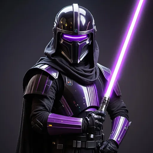Prompt: A Hacker that rules the galaxy with its Brother and wears a black and purple armor and holding a light saber. Light saber only on his hand, not in background
