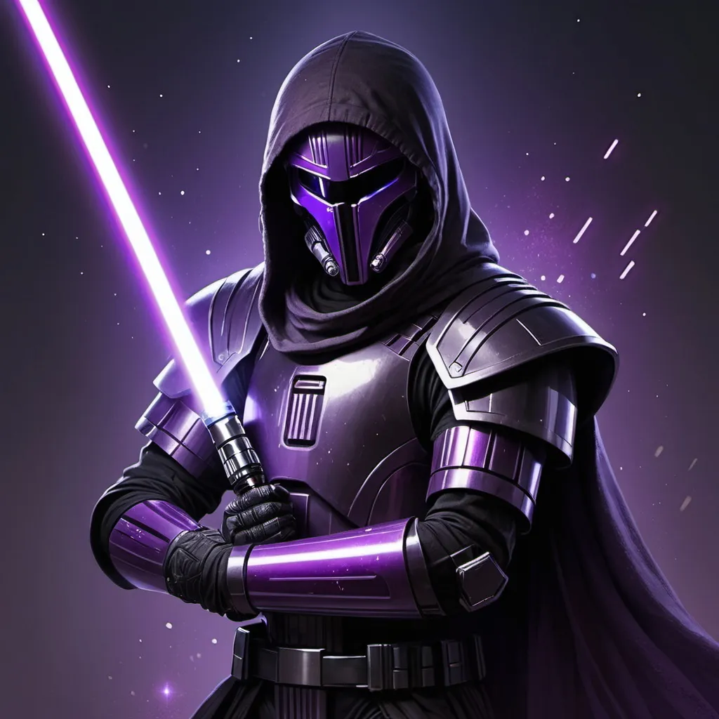 Prompt: A Hacker that rules the galaxy with its Brother and wears a black and purple armor and holding a light saber. Light saber only on his hand, not in background
