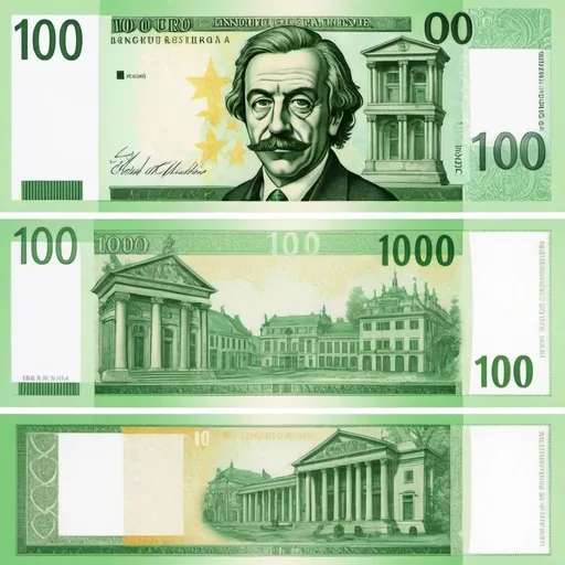 Prompt: create a picture of a banknote: 100 Euro, green design, include 3 images of Offset and Intaglio printing machines in the background for the front and for the back. I want to print the picture as a banknote and need front and reverse side. 